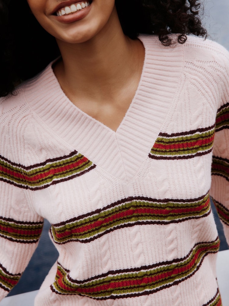 Pink/Green Supersoft Cable Knit V-Neck Mid Length Jumper - Image 5 of 5