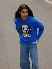 Cobalt Blue Dog Graphic - Long Sleeve Crew Neck Knitted Jumper - Bild 1 von 9