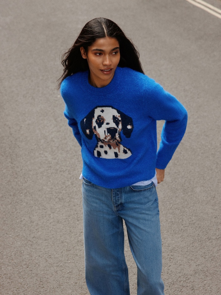 Cobalt Blue Dog Graphic - Long Sleeve Crew Neck Knitted Jumper - Bild 1 von 9 Cobalt Blue Dog Graphic - Long Sleeve Crew Neck Knitted Jumper - Bild 1 von 9