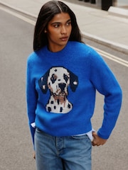Cobalt Blue Dog Graphic - Long Sleeve Crew Neck Knitted Jumper - Bild 4 von 9