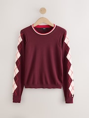 Berry Red Argyle Cotton Rich Soft Touch Long Sleeve Crew Neck Jumper - Image 6 of 8