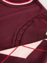Berry Red Argyle Cotton Rich Soft Touch Long Sleeve Crew Neck Jumper - Image 7 of 8