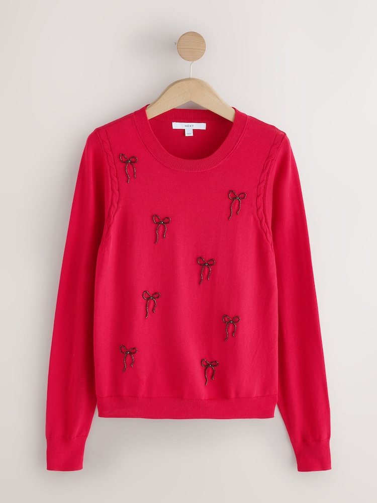 Red Embellished Bows Cotton Rich Soft Touch Long Sleeve Crew Neck Jumper - Image 1 of 3 Red Embellished Bows Cotton Rich Soft Touch Long Sleeve Crew Neck Jumper - Image 1 of 3