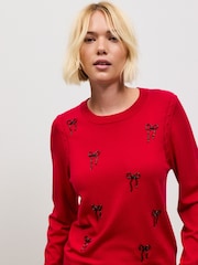 Nœuds rouges ornés - Pull Col rond en coton riche en coton doux à Manches longues - Image 5 de 8
