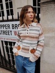 Autumn Pumpkin Fairisle Knitted Long Sleeve Polo Jumper - Image 2 of 6