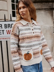 Autumn Pumpkin Fairisle Knitted Long Sleeve Polo Jumper - Image 3 of 6