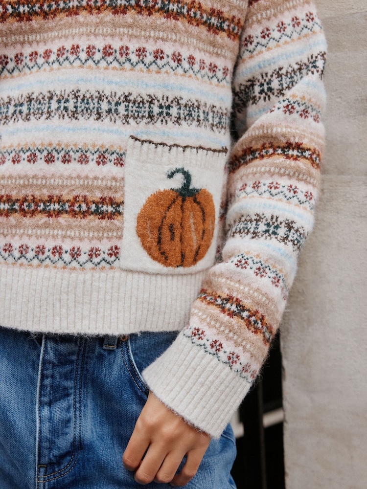 Autumn Pumpkin Fairisle Knitted Long Sleeve Polo Jumper - Image 6 of 6