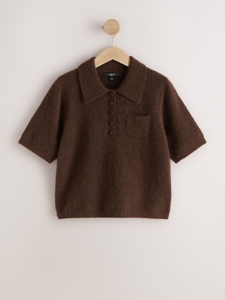 Brown Short Sleeve Knitted Polo Top With Wool - Image 1 of 3