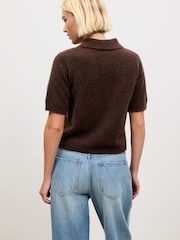 Brown Short Sleeve Knitted Polo Top With Wool - Image 4 of 9