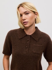 Brown Short Sleeve Knitted Polo Top With Wool - Image 5 of 9
