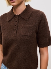 Brown Short Sleeve Knitted Polo Top With Wool - Image 6 of 9