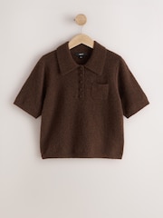 Brown Short Sleeve Knitted Polo Top With Wool - Image 7 of 9