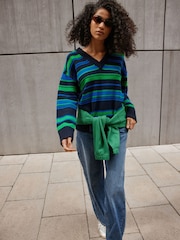 Navy/Green Stripe Long Sleeve VNeck Relaxed Jumper - Image 1 of 9
