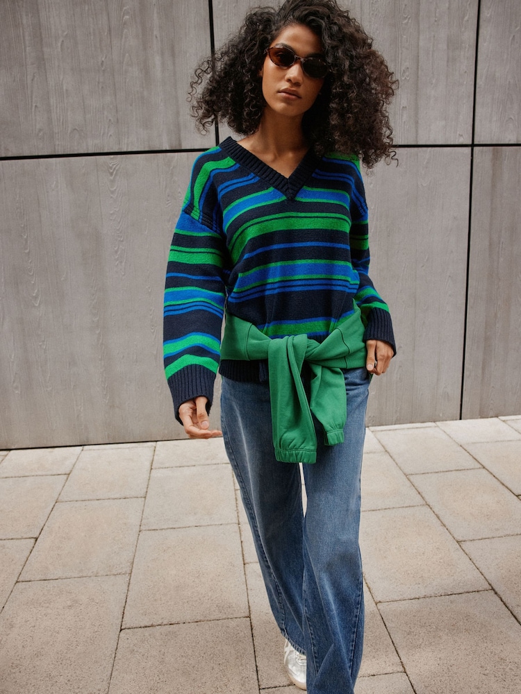 Navy/Green Stripe Long Sleeve VNeck Relaxed Jumper - Image 1 of 9