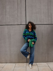 Navy/Green Stripe Long Sleeve VNeck Relaxed Jumper - Image 2 of 9