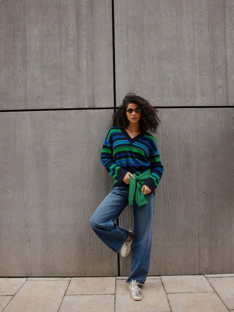 Navy/Green Stripe Long Sleeve VNeck Relaxed Jumper - Image 2 of 9
