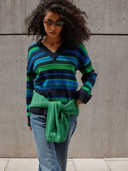 Navy/Green Stripe Long Sleeve VNeck Relaxed Jumper - Image 3 of 9