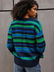 Navy/Green Stripe Long Sleeve VNeck Relaxed Jumper - Image 5 of 9