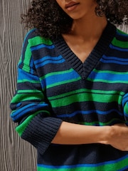 Navy/Green Stripe Long Sleeve VNeck Relaxed Jumper - Image 6 of 9