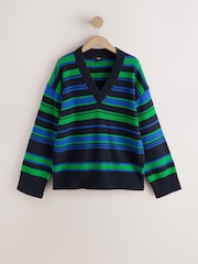 Navy/Green Stripe Long Sleeve VNeck Relaxed Jumper - Image 7 of 9