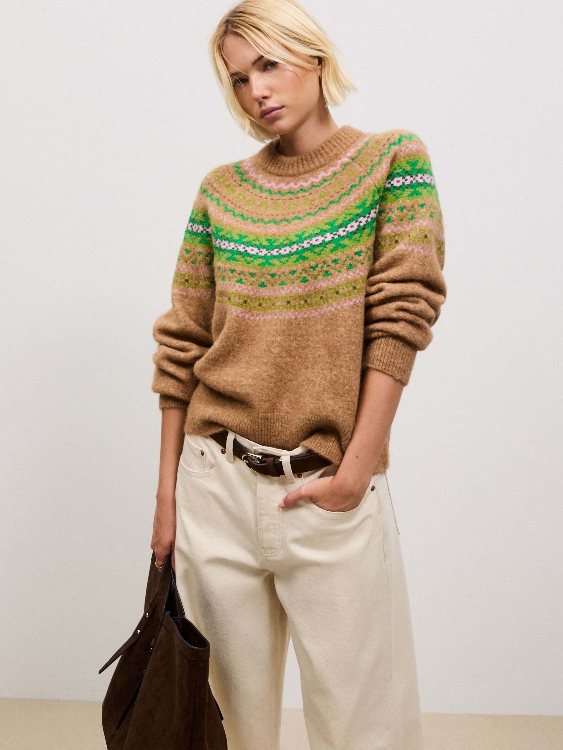 Buy Camel/Green Fairisle Long Sleeve Crew Neck Knitted Jumper With