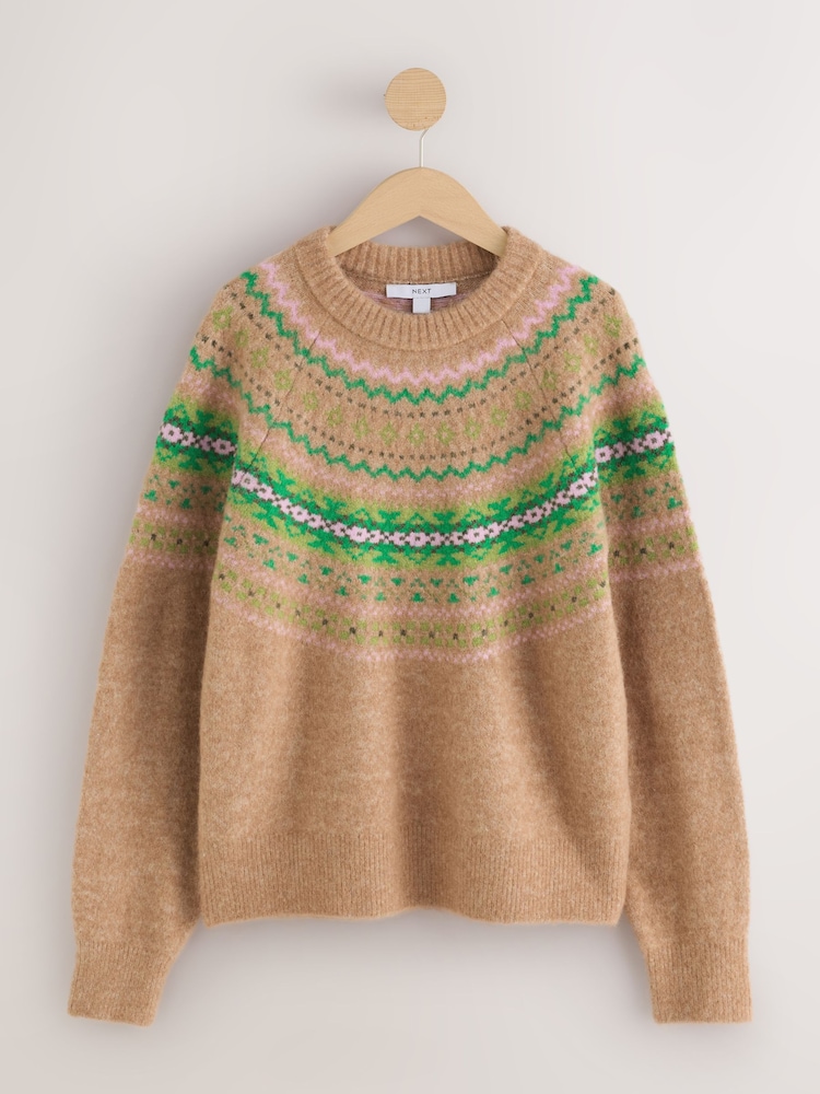 Camel/Green Fairisle Long Sleeve Crew Neck Knitted Jumper With Wool - Image 1 of 4 Camel/Green Fairisle Long Sleeve Crew Neck Knitted Jumper With Wool - Image 1 of 4