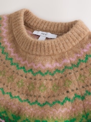 Camel/Green Fairisle Long Sleeve Crew Neck Knitted Jumper With Wool - Image 2 of 4