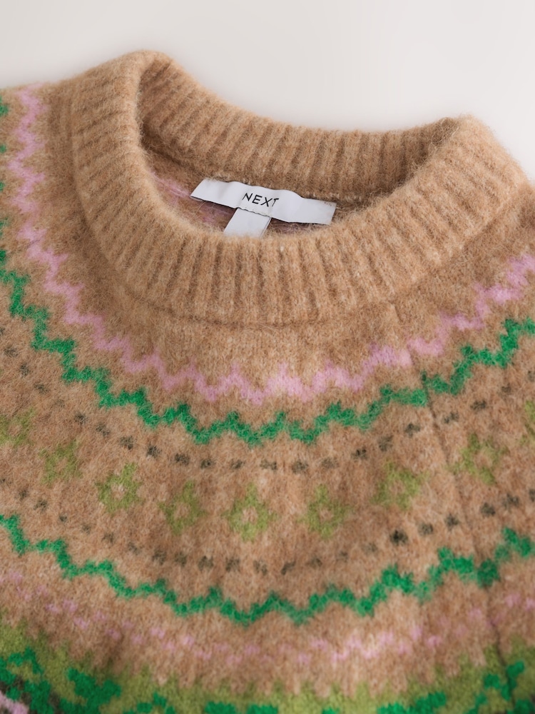 Camel/Green Fairisle Long Sleeve Crew Neck Knitted Jumper With Wool - Image 2 of 4 Camel/Green Fairisle Long Sleeve Crew Neck Knitted Jumper With Wool - Image 2 of 4
