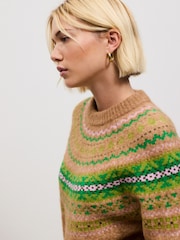 Camel/Green Fairisle Long Sleeve Crew Neck Knitted Jumper With Wool - Image 5 of 9