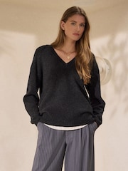 Charcoal Grey Merino Wool N.Premium V-Neck Jumper - Image 1 of 7
