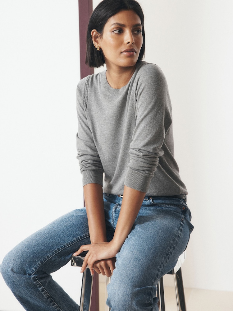 Grey Cotton Rich Soft Touch Long Sleeve Crew Neck Jumper - Image 2 of 8 Grey Cotton Rich Soft Touch Long Sleeve Crew Neck Jumper - Image 2 of 8