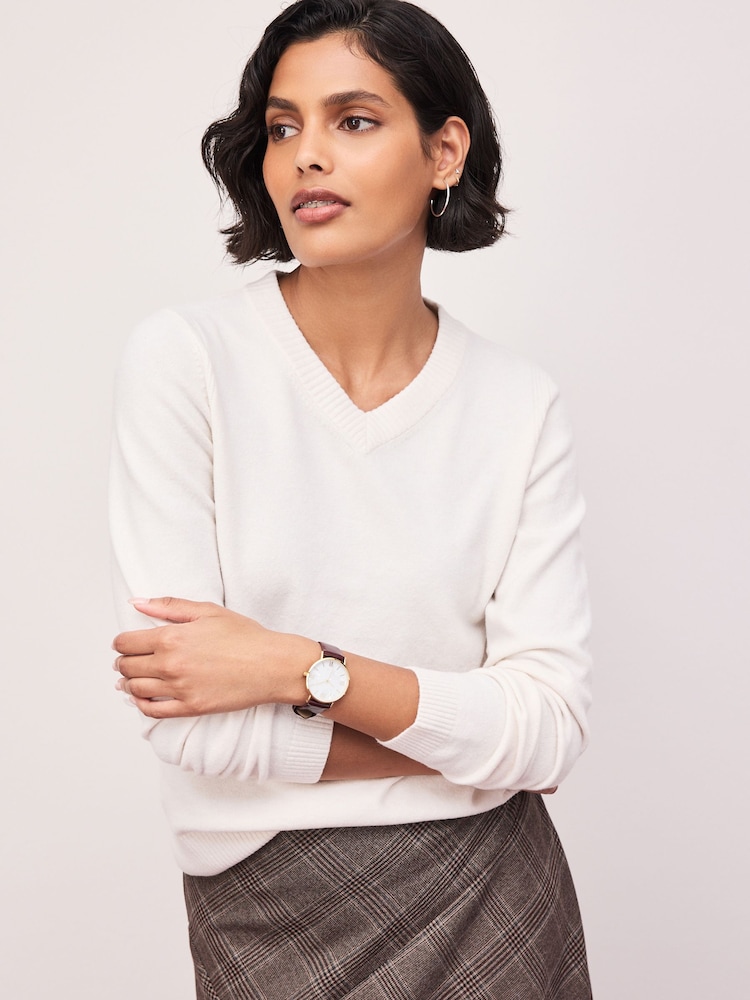 Ecru Supersoft V-Neck Long Sleeve Jumper - Image 1 of 8 Ecru Supersoft V-Neck Long Sleeve Jumper - Image 1 of 8