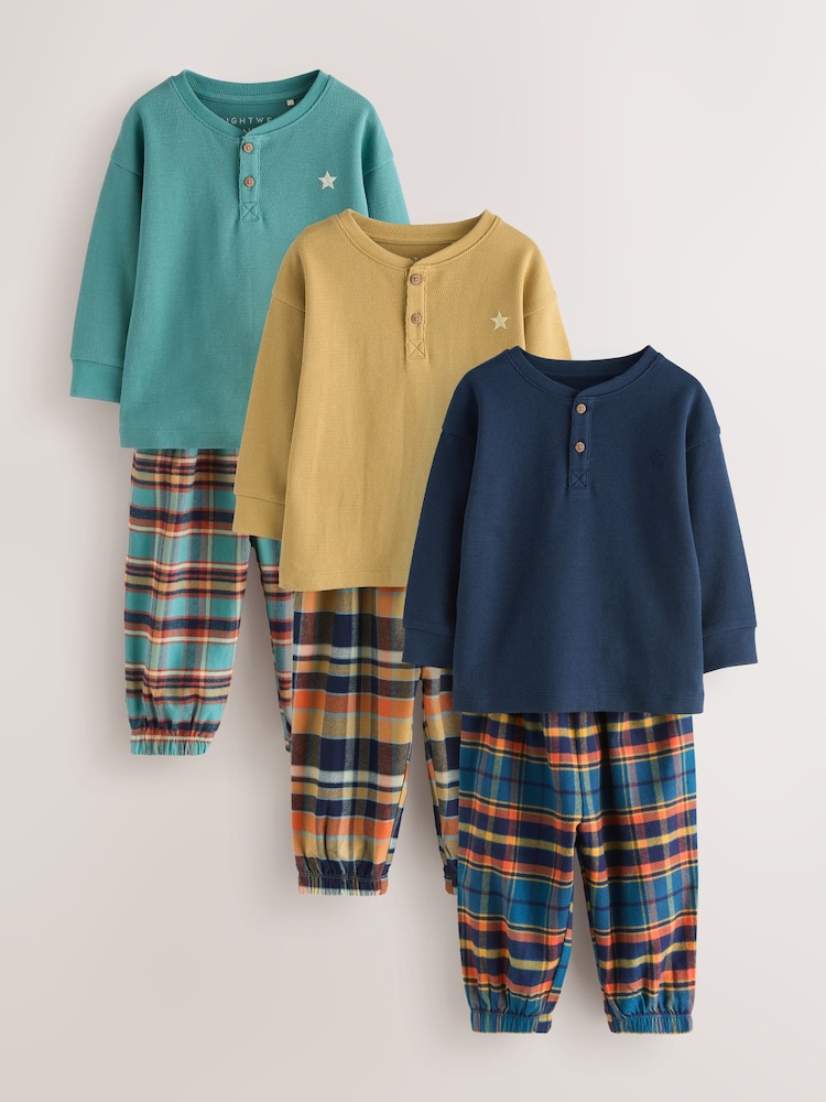 Navy/Ochre/Teal Check Woven Bottom Pyjamas 3 Pack (9mths-12yrs) - Image 1 of 7