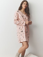 Pink Spa Print Pointelle Long Sleeve Nightie - Image 1 of 4