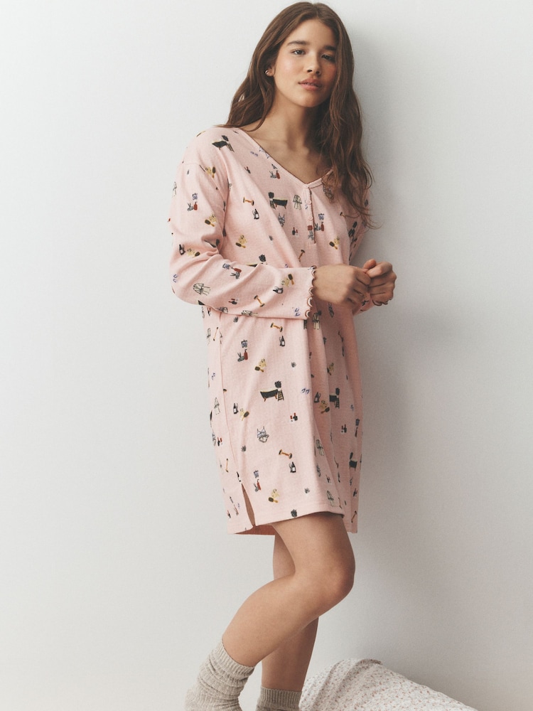 Pink Spa Print Pointelle Long Sleeve Nightie - Image 1 of 4