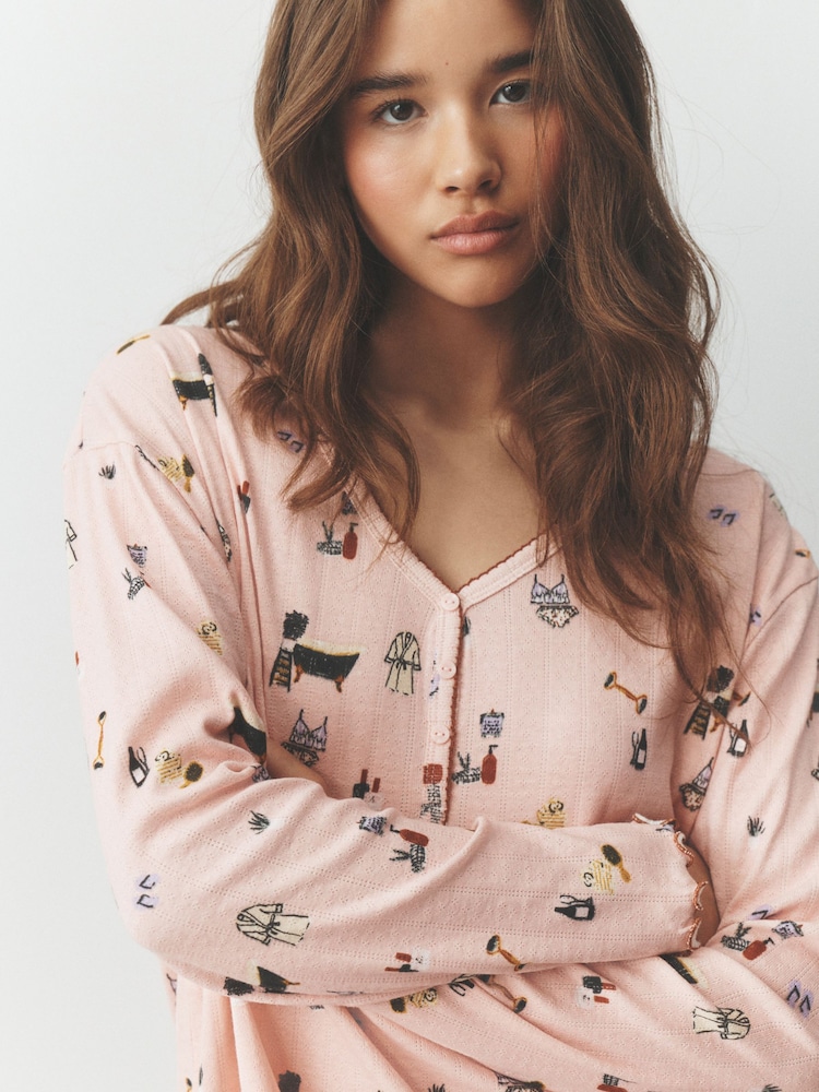 Pink Spa Print Pointelle Long Sleeve Nightie - Image 2 of 4