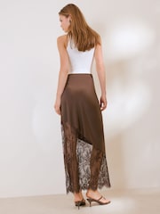 Friends Like These Brown Asymmetric  Lace Hem Satin Midi Skirt - Image 6 of 6