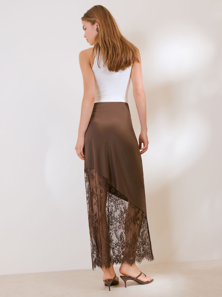Friends Like These Brown Asymmetric  Lace Hem Satin Midi Skirt - Image 6 of 6