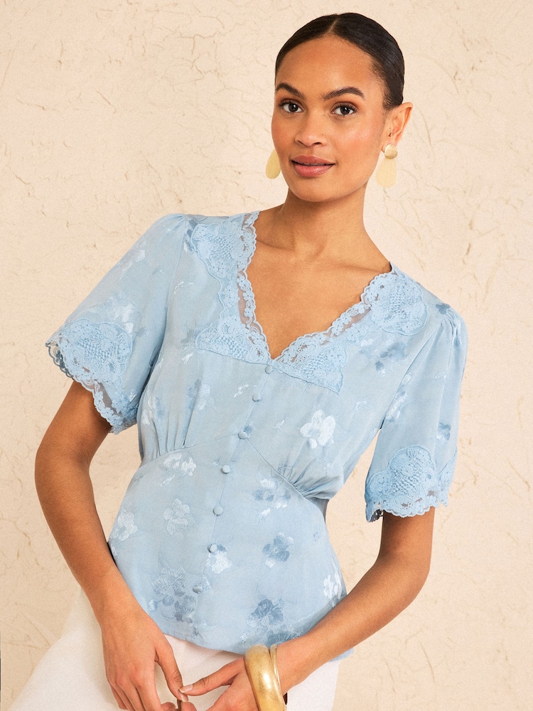 Love & Roses Blue Petite Satin Jacquard Lace Tea Top - Image 1 of 4
