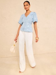 Love & Roses Blue Petite Satin Jacquard Lace Tea Top - Image 3 of 4