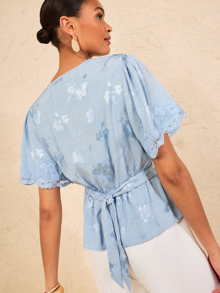 Love & Roses Blue Petite Satin Jacquard Lace Tea Top - Image 4 of 4