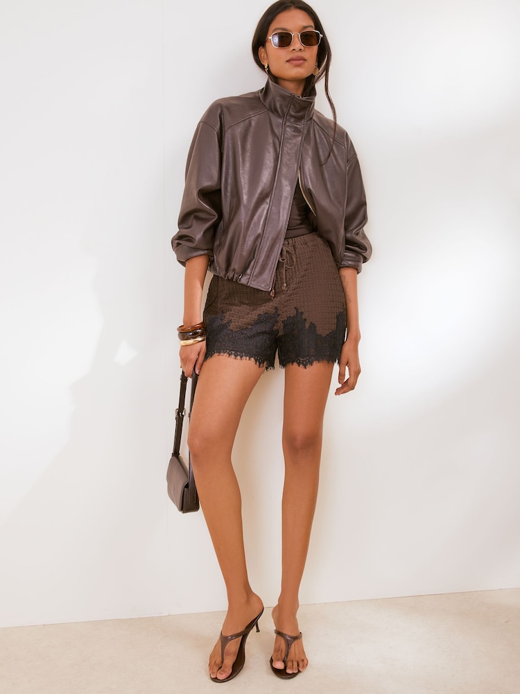 Friends Like These Chocolate Brown Jersey Lace Trim Shorts - Image 1 of 5