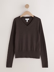 Chocolate Brown Lightweight Merino Wool V-Neck Jumper - Image 1 of 8