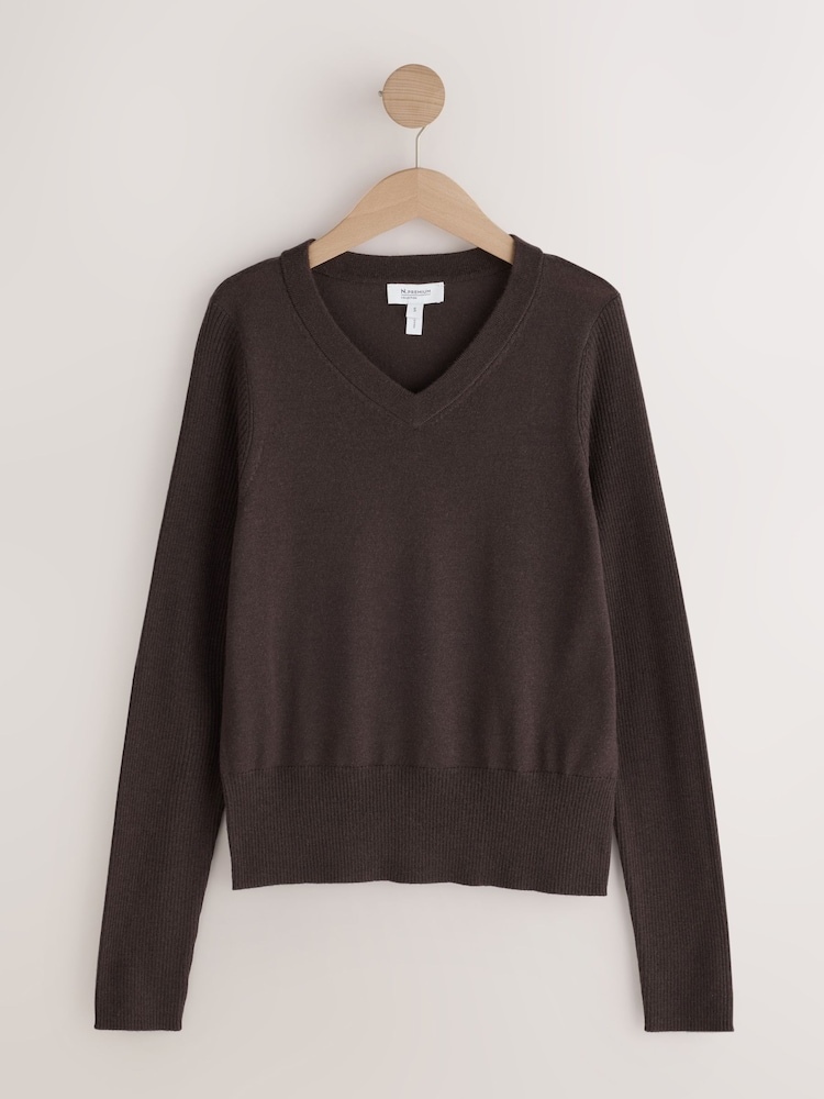 Chocolate Brown Lightweight Merino Wool V-Neck Jumper - Image 1 of 8