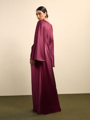 Burgundy Red Twist Front Long Sleeve Satin Maxi Dress - Image 1 of 6
