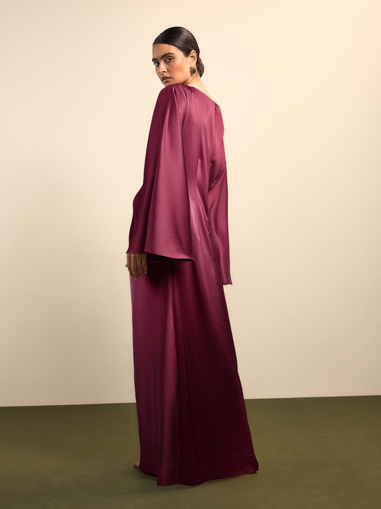 Burgundy Red Twist Front Long Sleeve Satin Maxi Dress - Image 1 of 6 Burgundy Red Twist Front Long Sleeve Satin Maxi Dress - Image 1 of 6