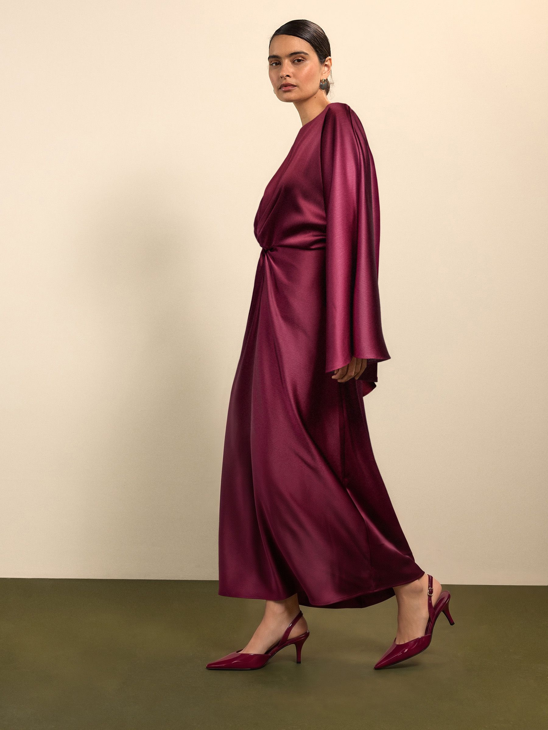 Buy Burgundy Red Twist Front Long Sleeve Satin Maxi Dress from