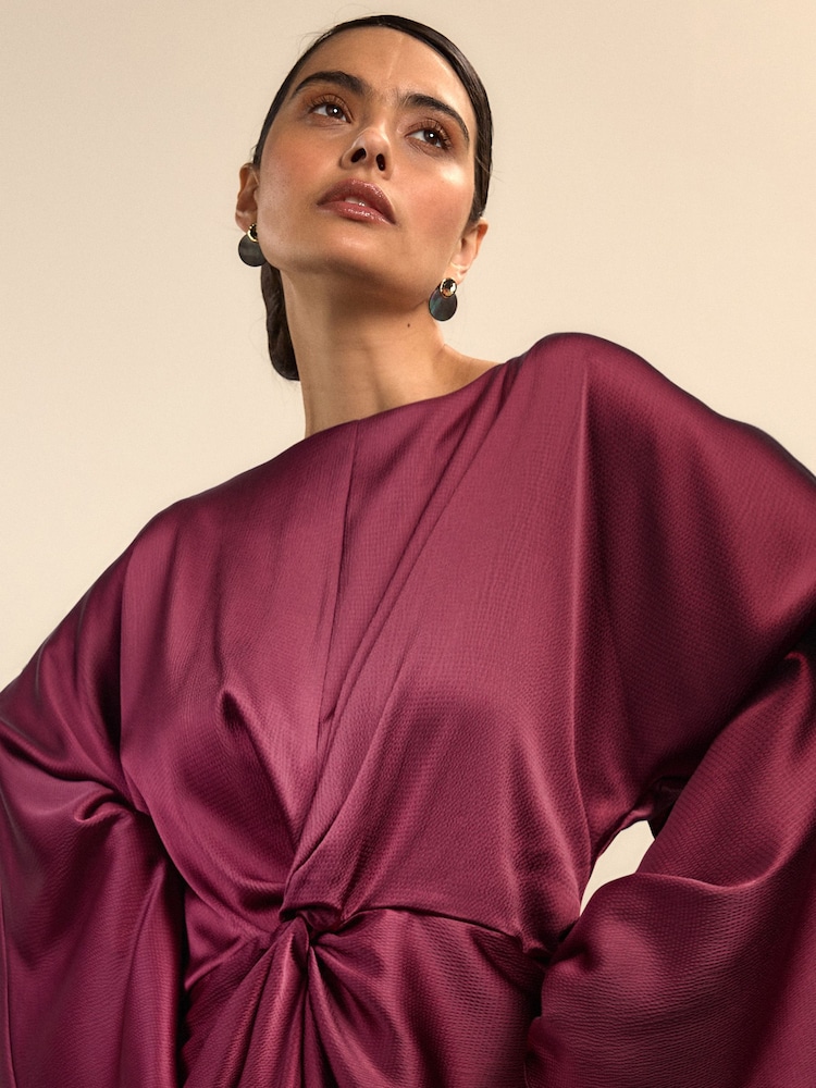 Burgundy Red Twist Front Long Sleeve Satin Maxi Dress - Image 2 of 6 Burgundy Red Twist Front Long Sleeve Satin Maxi Dress - Image 2 of 6