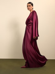 Burgundy Red Twist Front Long Sleeve Satin Maxi Dress - Image 3 of 6