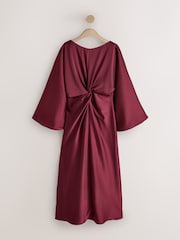 Burgundy Red Twist Front Long Sleeve Satin Maxi Dress - Image 4 of 6